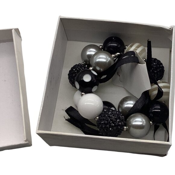 Chunky Beaded Girls Necklace With Ribbon Tie Closure In Black White & Silver - Picture 3 of 11